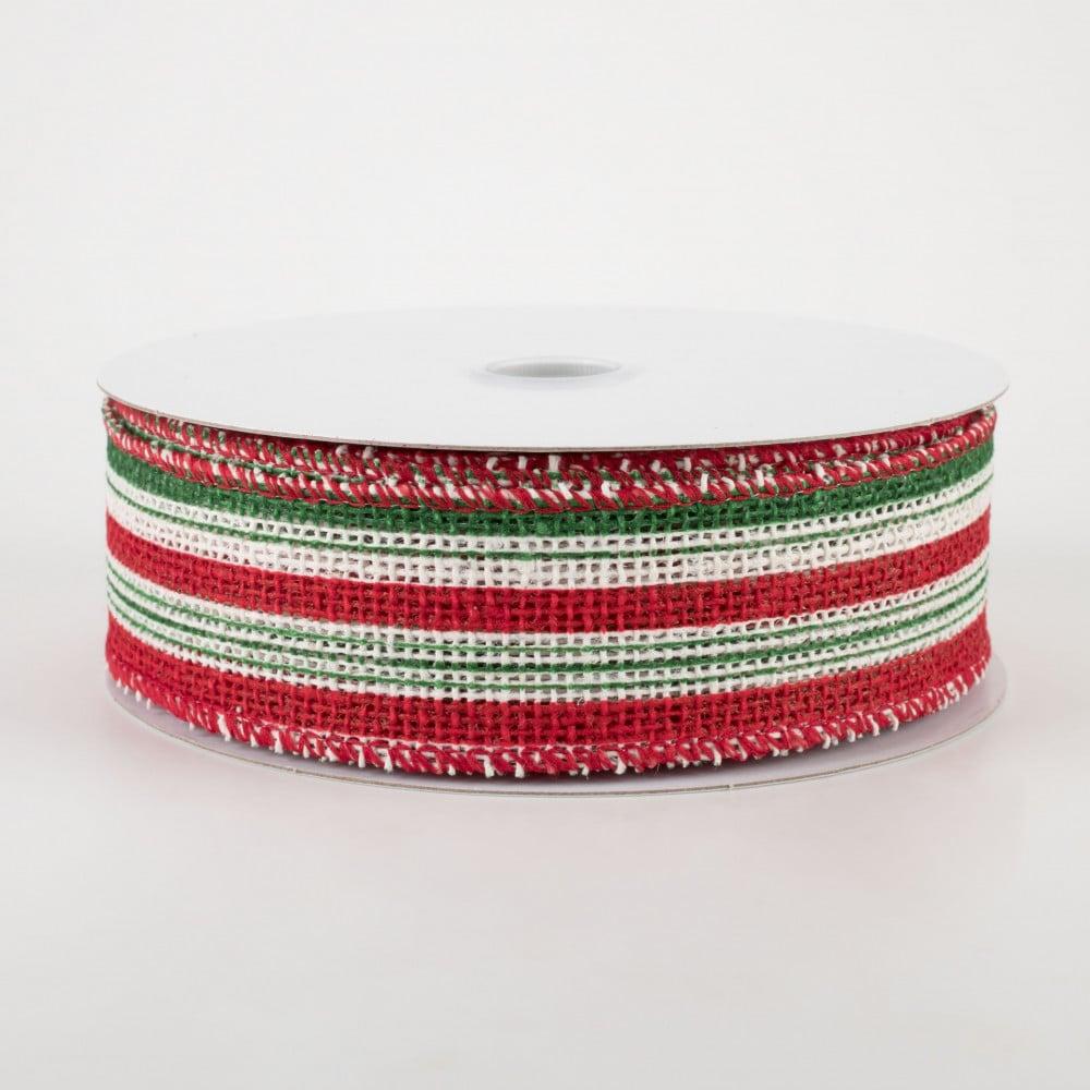 Burlap Products | 1.5" Burlap Vertical Stripe Ribbon: Green, Red, White (10 Yards) Burlap Products Burlap Products