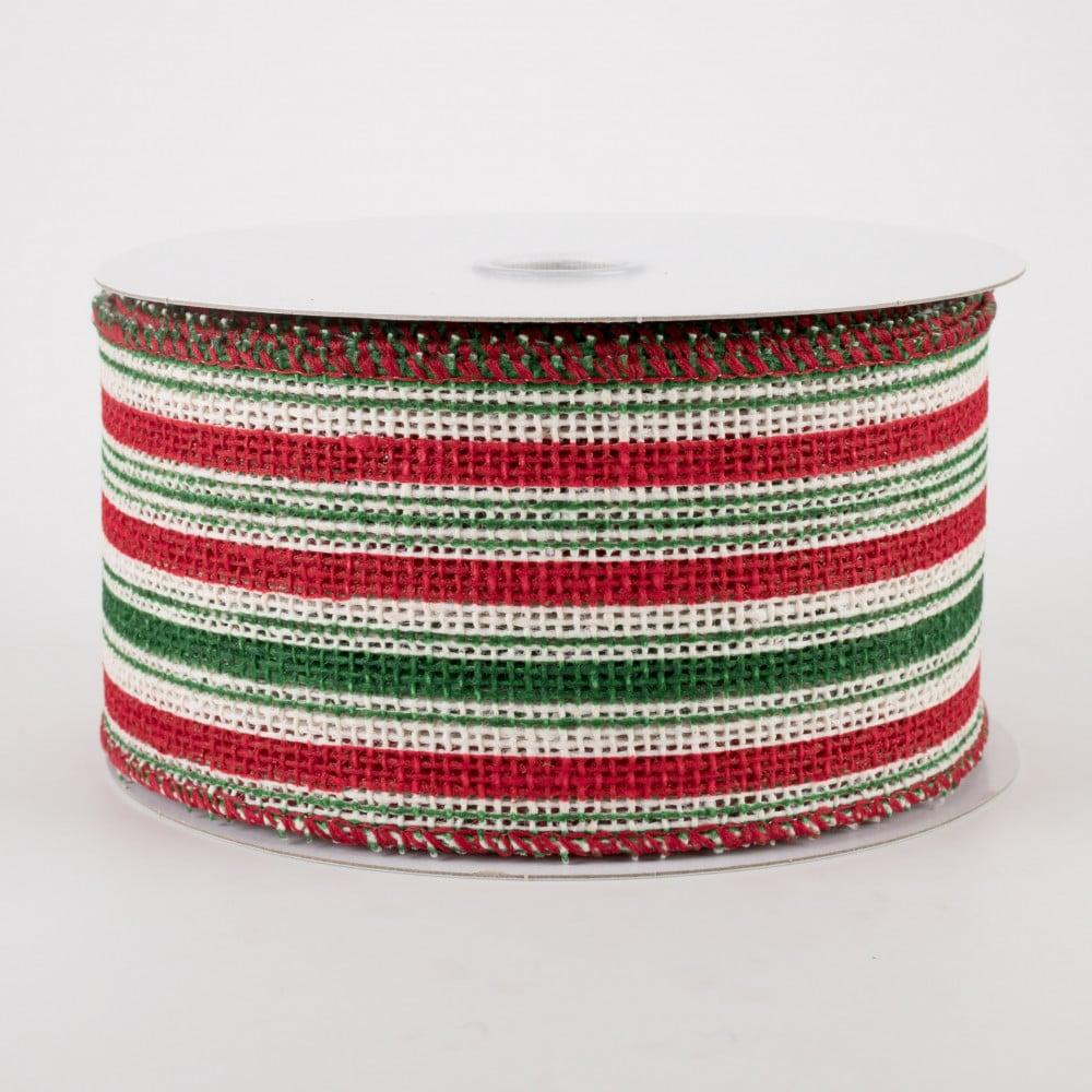 Burlap Products | 2.5" Burlap Vertical Stripe Ribbon: Green, Red, White (10 Yards) Burlap Products Burlap Products