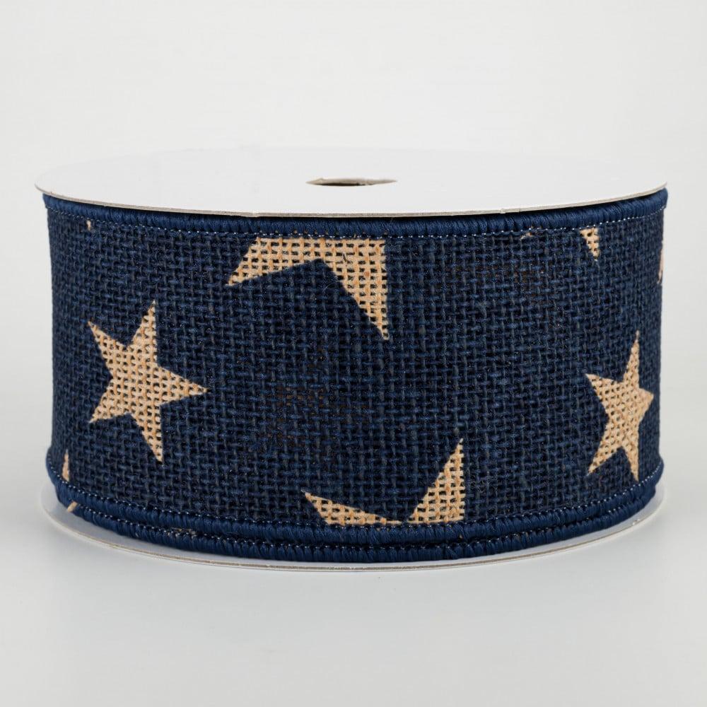 Burlap Products | 2.5" Large Stars Faux Burlap Ribbon: Navy & Beige (10 Yards) Burlap Products Burlap Products