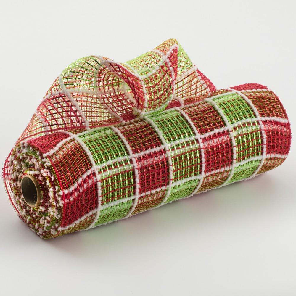 Deco Mesh | 10" Fuzz Snow Check Mesh: Red & Lime Deco Mesh Deco Mesh