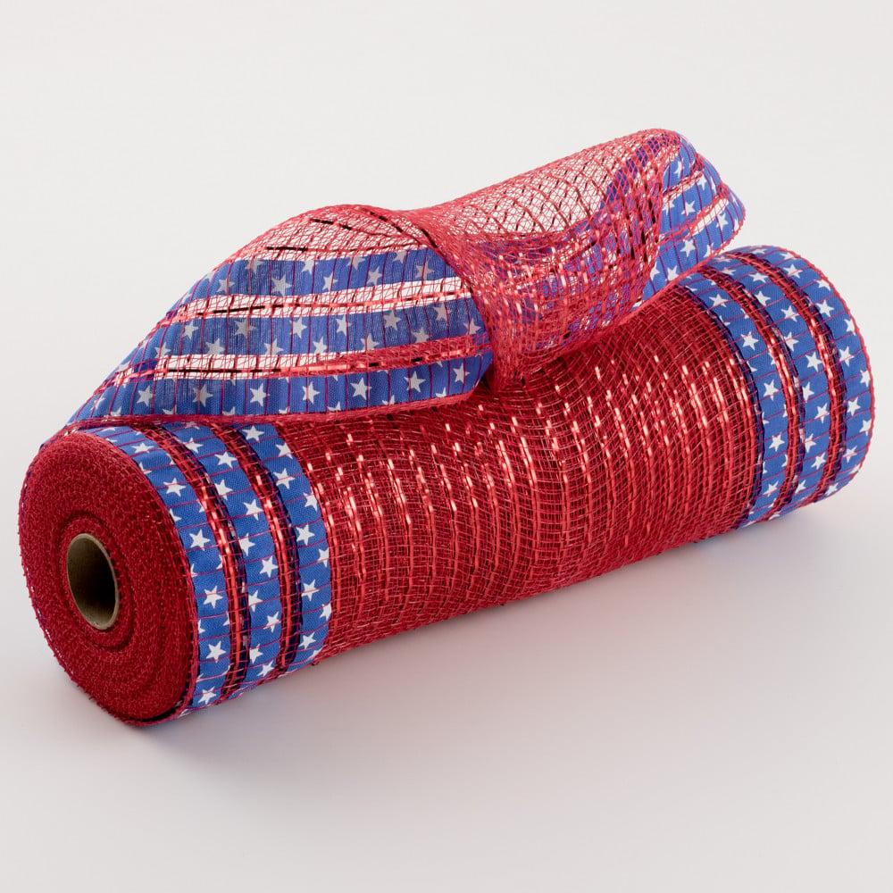 Deco Mesh | 10" Ruffle Patterned Mesh: Red Metallic With Royal Blue & White Stars Deco Mesh Deco Mesh