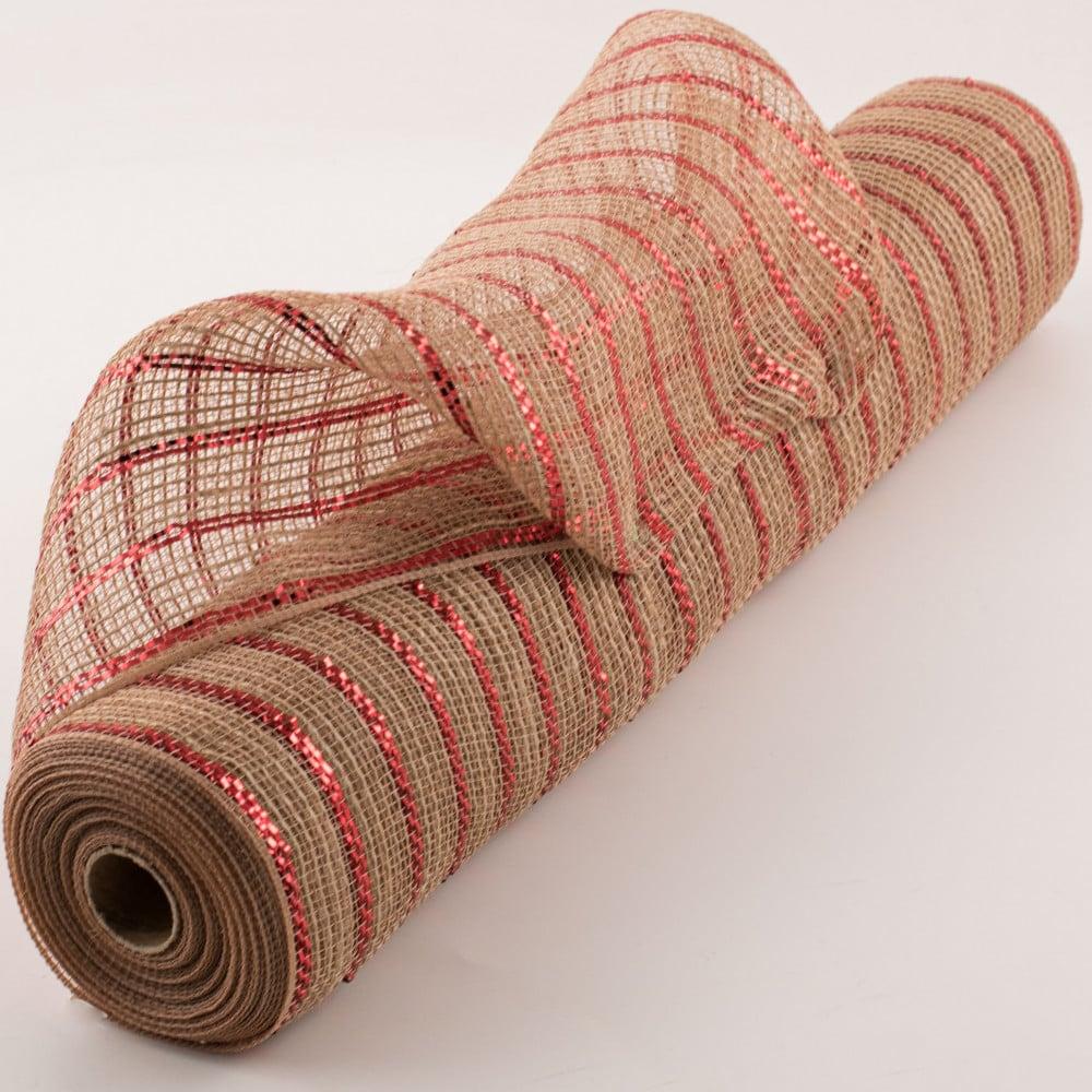 Deco Mesh | 21" Poly Jute Deco Mesh: Natural & Red Metallic Stripe (10 Yards) Burlap & Jute Deco Mesh Deco Mesh