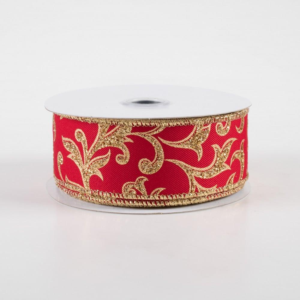 Ribbon | 1.5" Acanthus Leaf Ribbon: Red & Gold (10 Yards) Fabric Ribbon Ribbon