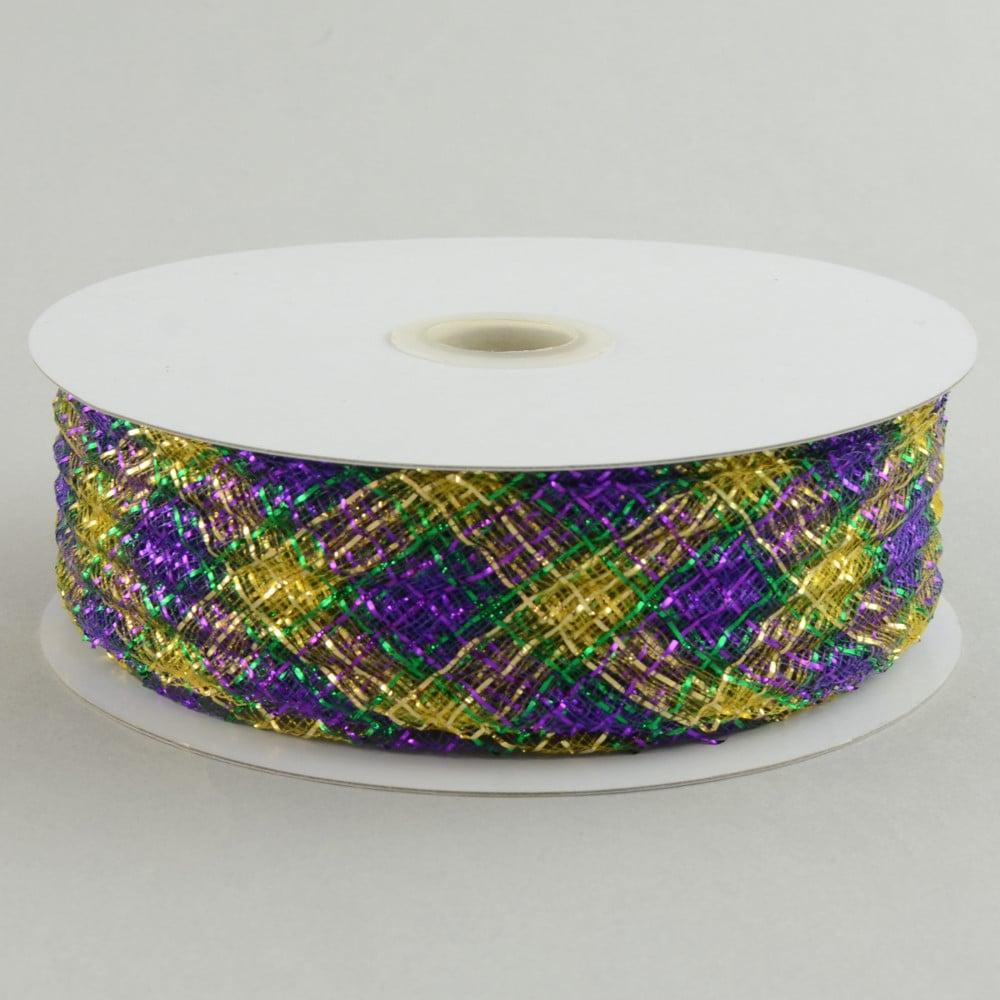 Ribbon | 1.5" Deco Flex Mesh Ribbon: Purple/Green/Gold Plaid (30 Yards) Deco Mesh Ribbon Ribbon