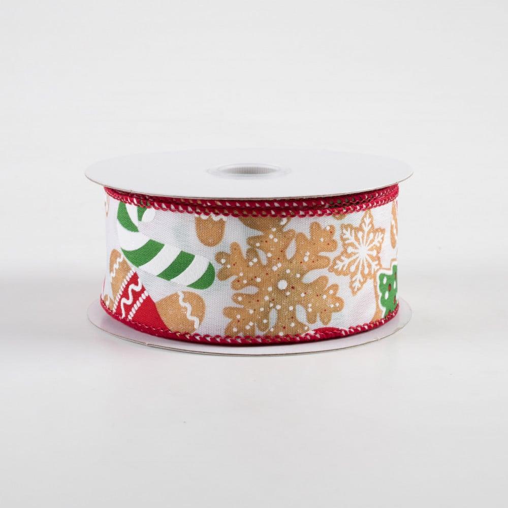 Ribbon | 1.5" Gingerbread Cookies Candy Cane Ribbon: White (10 Yards) Fabric Ribbon Ribbon