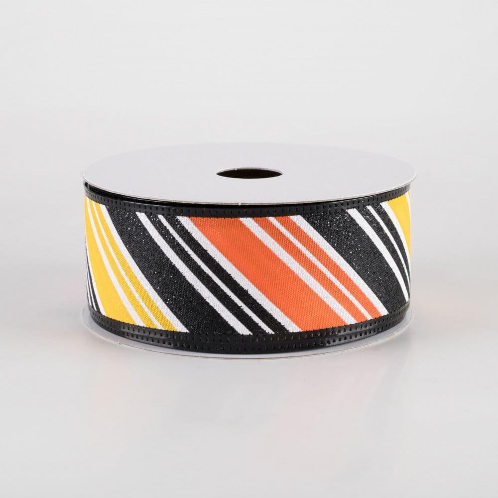 Ribbon | 1.5" Glittered Diagonal Stripes Ribbon: Yellow, Orange & Black (10 Yards) Fabric Ribbon Ribbon