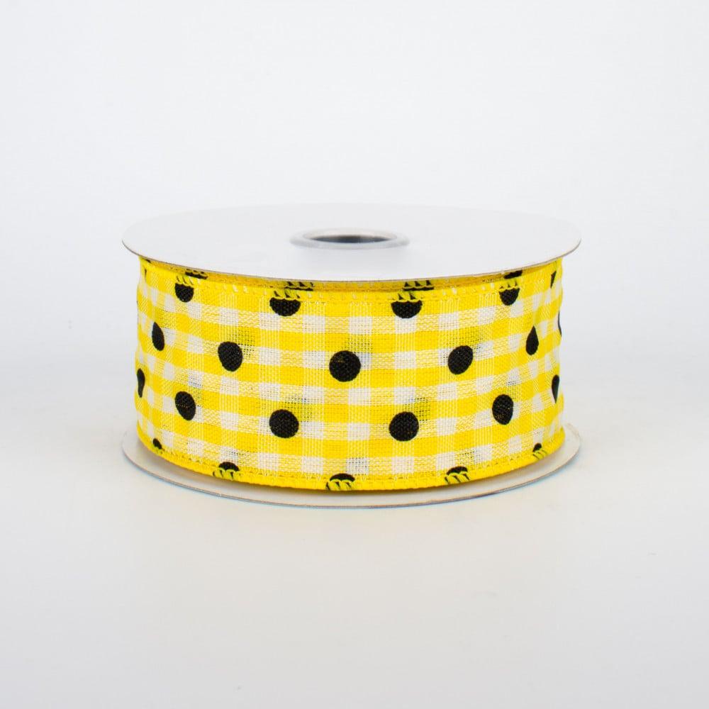 Ribbon | 1.5" Polka Dot Gingham Ribbon: Black, Yellow, White (10 Yards) Fabric Ribbon Ribbon