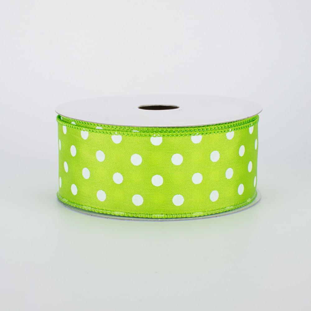 Ribbon | 1.5" White Polka Dot Ribbon: Lime Green (10 Yards) Fabric Ribbon Ribbon