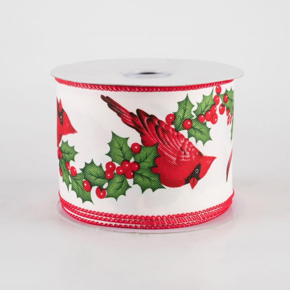 Ribbon | 2.5" Cardinal & Holly Diagonal Weave Ribbon: Ivory (10 Yards) Fabric Ribbon Ribbon