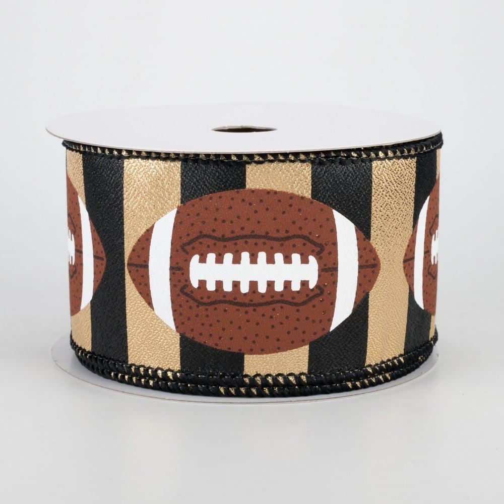 Ribbon | 2.5" Footballs On Stripe Ribbon: Black & Gold (10 Yards) Fabric Ribbon Ribbon