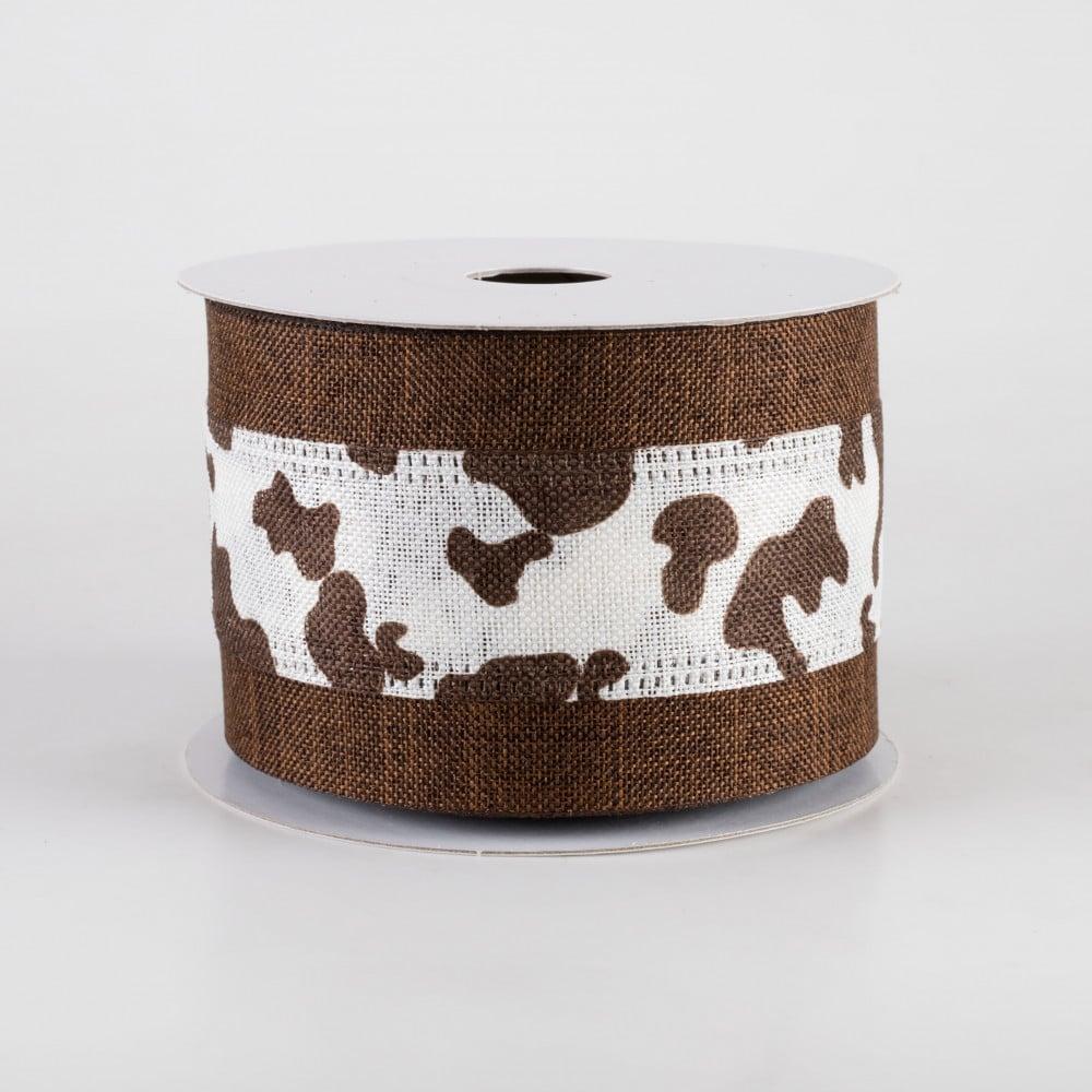 Ribbon | 2.5" Linen Cow Print with Edge Ribbon: Brown (10 Yards) Fabric Ribbon Ribbon