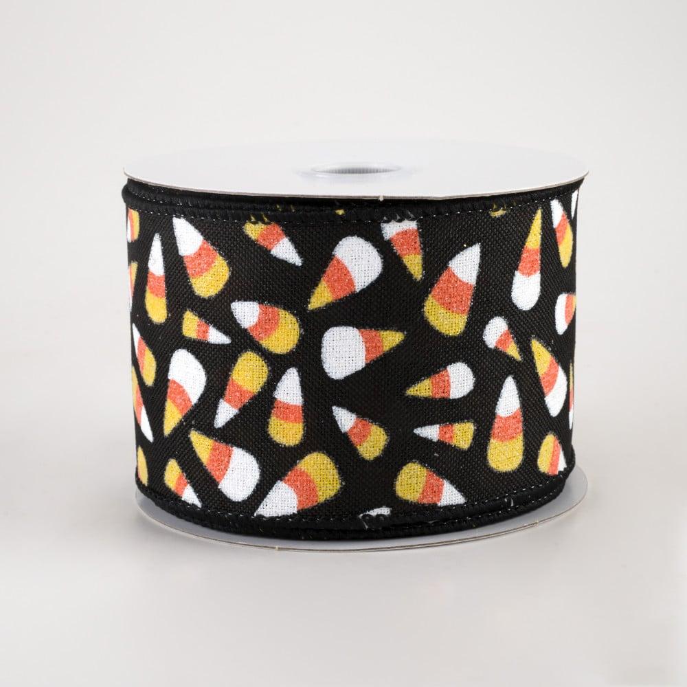 Ribbon | 2.5" Linen Glittered Candy Corn Ribbon: Black (10 Yards) Fabric Ribbon Ribbon