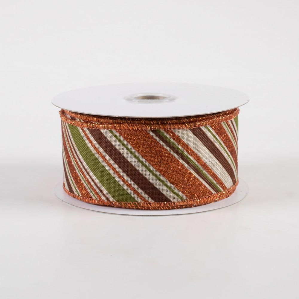 Ribbon | 1.5" Diagonal Glitter Stripe Ribbon: Light Natural, Moss, Brown, Orange (10 Yards) Fabric Ribbon Ribbon