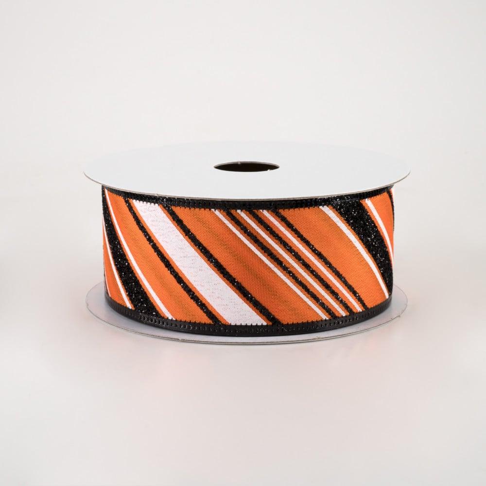 Ribbon | 1.5" Glittered Satin Diagonal Stripes Ribbon: Halloween (10 Yards)