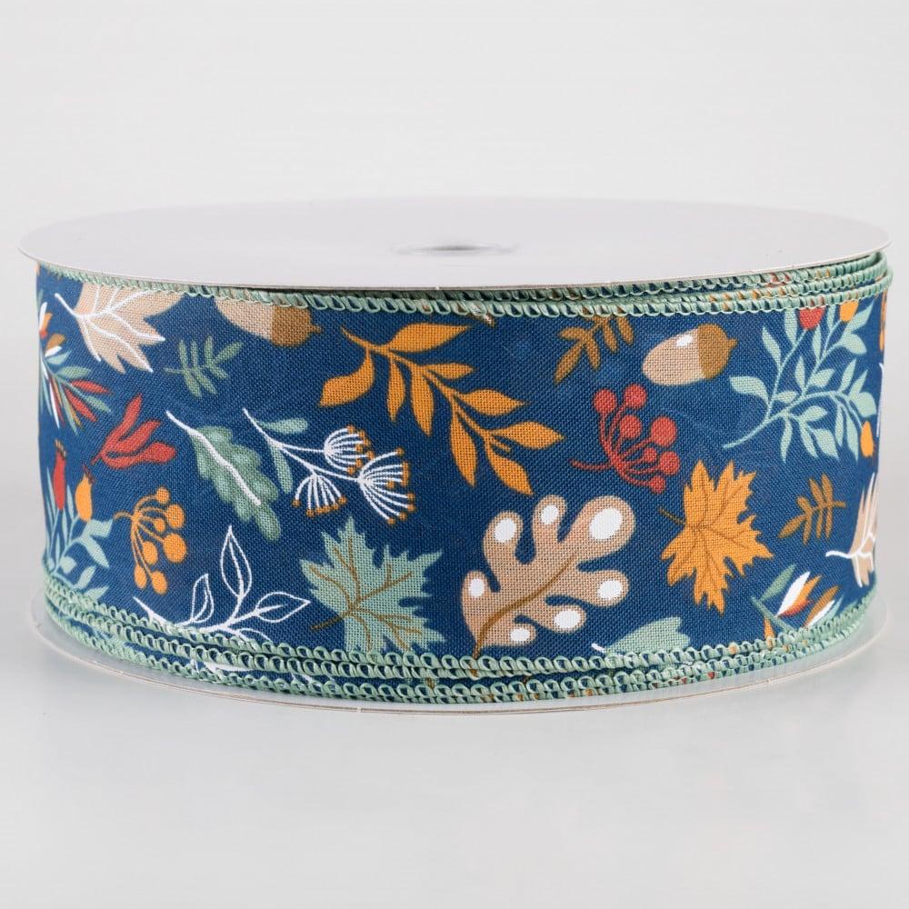 Ribbon | 2.5" Linen Fall Foliage Ribbon: Orange & Teal on Navy (50 Yards) Fabric Ribbon Ribbon